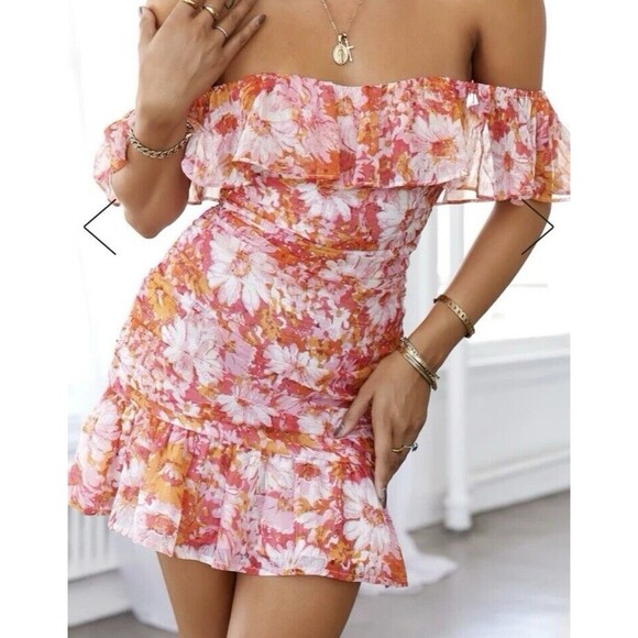 Fortunate One Womens Floral Print Ruched Off Shoulder Dress Pink Size Small - Picture 1 of 12